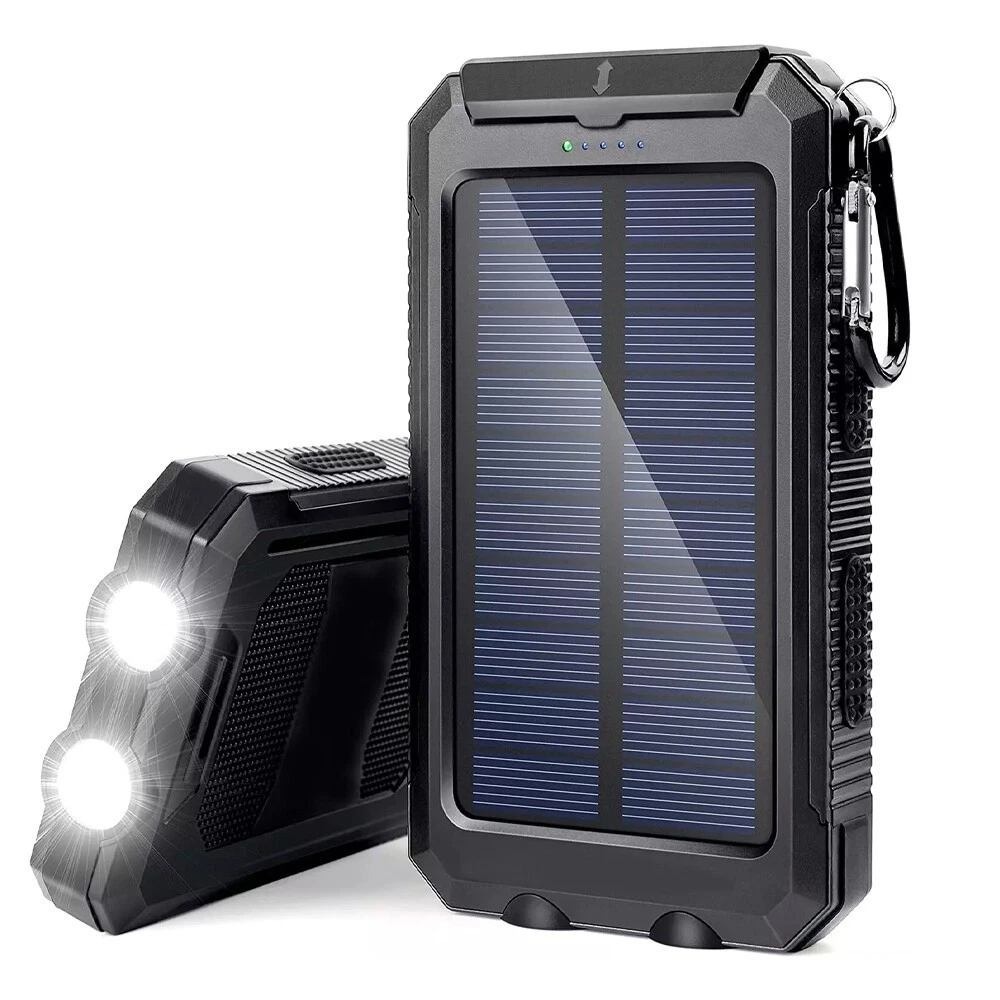 10000mAh Solar Power Bank Fast Charging Dual USB Portable Charger LED Flashlight